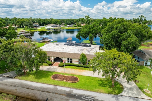 bird's eye view with a water view