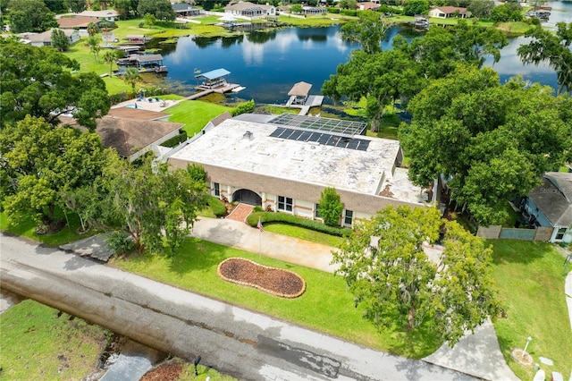 aerial view featuring a water view