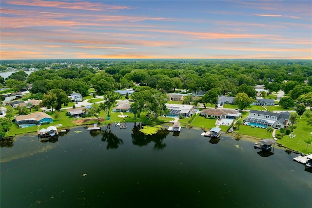 aerial view at dusk with a water view and a forest view