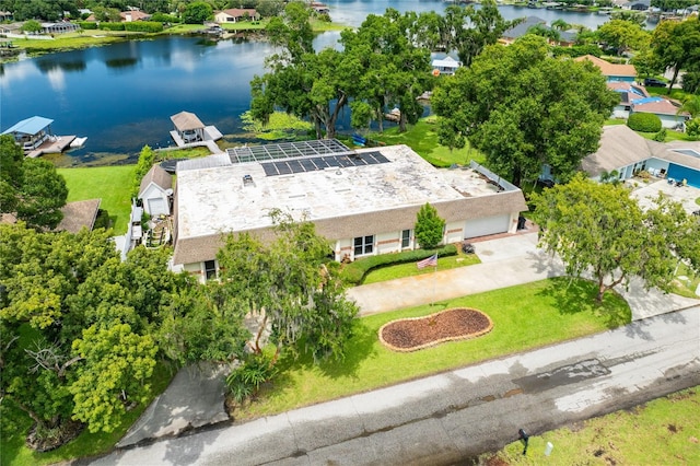 drone / aerial view with a water view