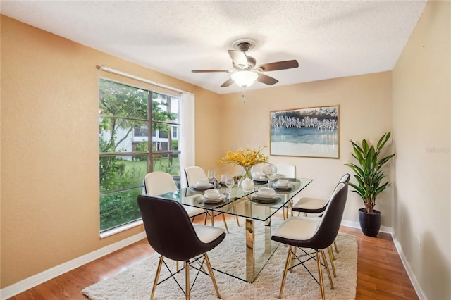 dining space featuring light wood-style floors, a ceiling fan, baseboards, and a textured ceiling