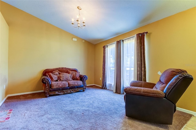 living area featuring lofted ceiling, light colored carpet, and a chandelier