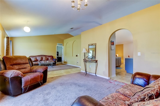 carpeted living room featuring lofted ceiling and a notable chandelier