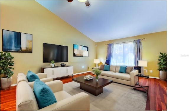 living room with high vaulted ceiling, hardwood / wood-style floors, and ceiling fan