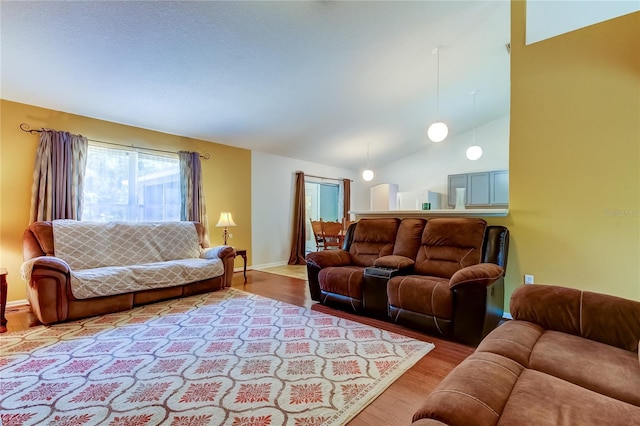 living room featuring light hardwood / wood-style floors and vaulted ceiling