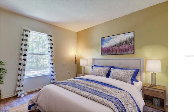 bedroom featuring carpet flooring and a textured ceiling