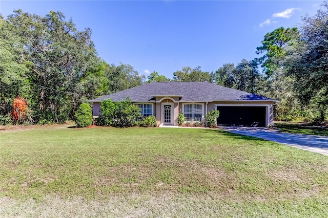 single story home with a garage and a front yard