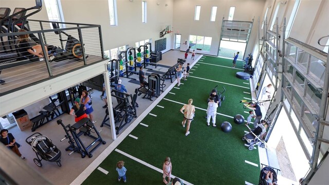 exercise room featuring a towering ceiling and plenty of natural light