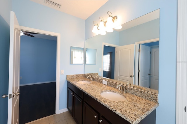 bathroom with vanity, tile patterned floors, and ceiling fan