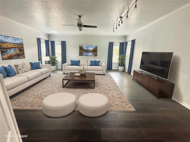 living room with hardwood / wood-style floors, track lighting, crown molding, ceiling fan, and a textured ceiling