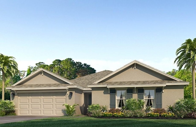 single story home with a garage and a front yard