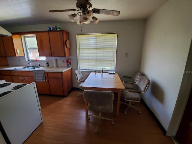 kitchen featuring electric range, hardwood / wood-style flooring, sink, and ceiling fan