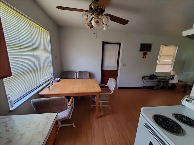 dining room with wood-type flooring, ceiling fan, and a healthy amount of sunlight