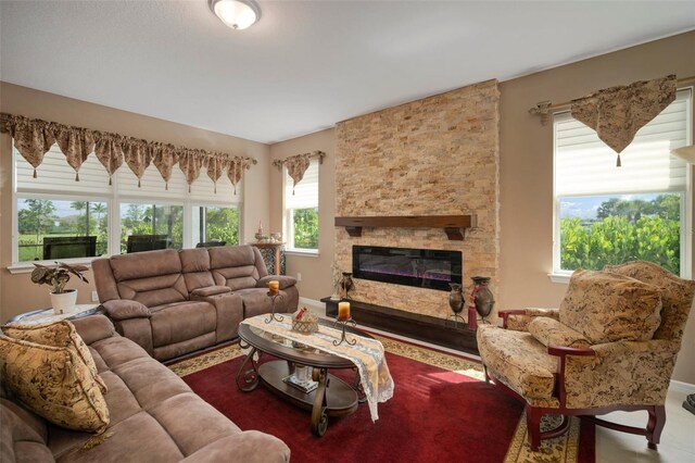 living room with a fireplace