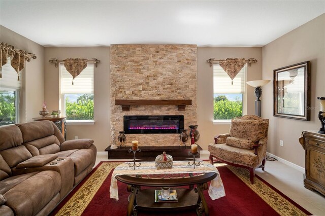 tiled living room with a fireplace