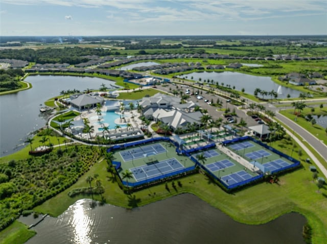 birds eye view of property featuring a water view