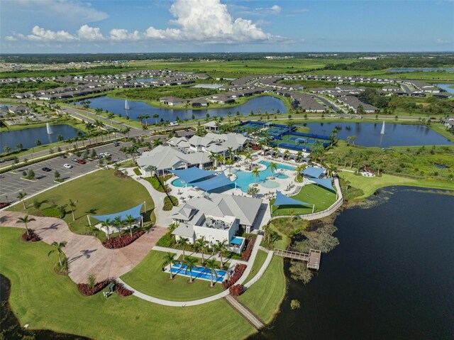 drone / aerial view featuring a water view