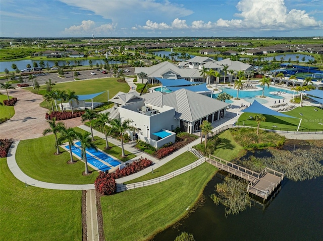 drone / aerial view with a water view