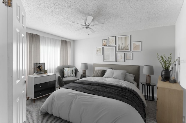 bedroom with a textured ceiling, carpet, and ceiling fan