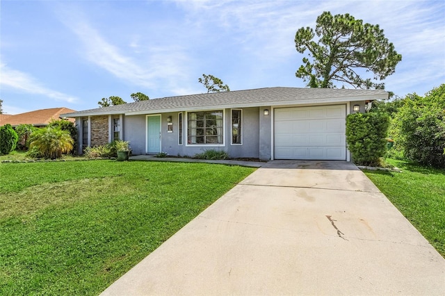 single story home with a garage and a front yard