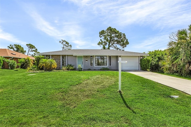 ranch-style home with a garage and a front lawn