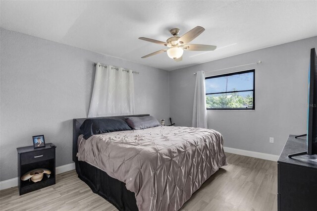 bedroom featuring light wood-type flooring and ceiling fan