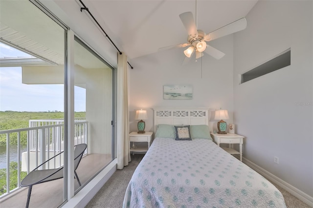 bedroom with carpet flooring, multiple windows, ceiling fan, and access to exterior