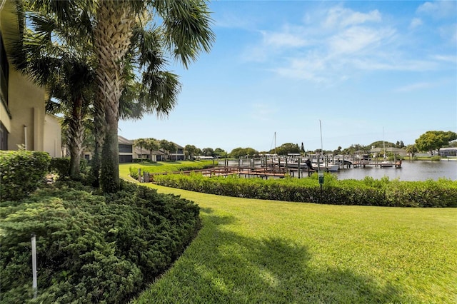 view of yard with a dock and a water view