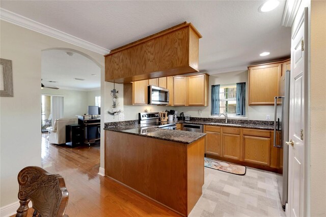 kitchen with a peninsula, crown molding, appliances with stainless steel finishes, and a sink