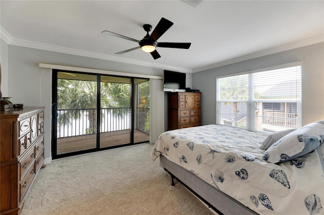 bedroom featuring light colored carpet, crown molding, access to exterior, and ceiling fan