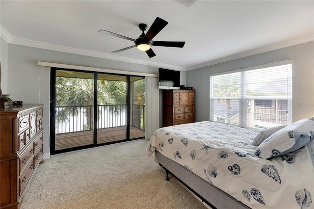 bedroom featuring light carpet, crown molding, multiple windows, and access to exterior