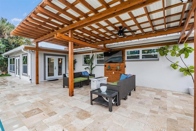 view of patio / terrace with french doors, ceiling fan, and an outdoor hangout area