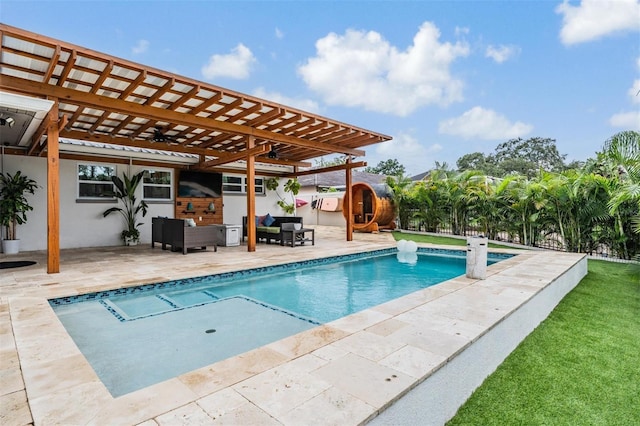 view of pool with a patio, an outdoor hangout area, and a pergola