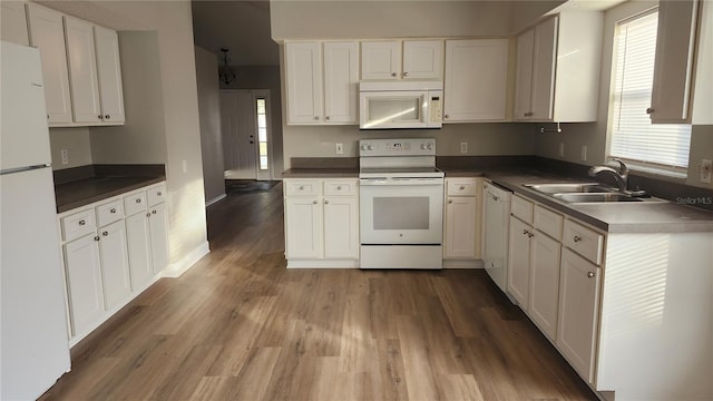 kitchen featuring hardwood / wood-style floors, white cabinetry, white appliances, and sink