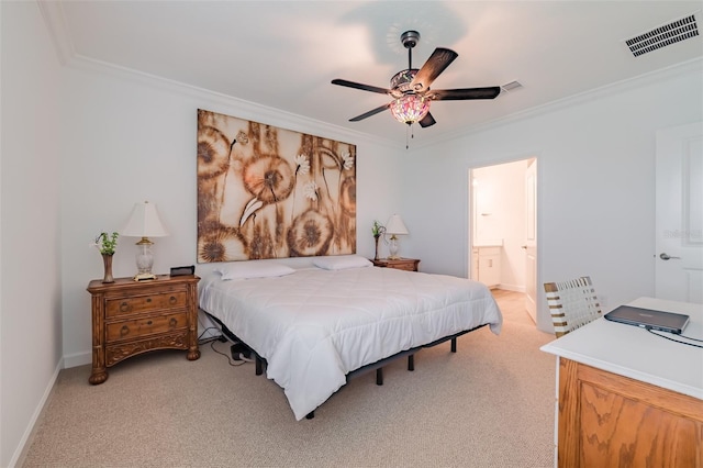 bedroom featuring connected bathroom, light colored carpet, crown molding, and ceiling fan