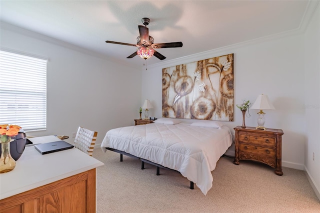 bedroom with crown molding, light carpet, and ceiling fan