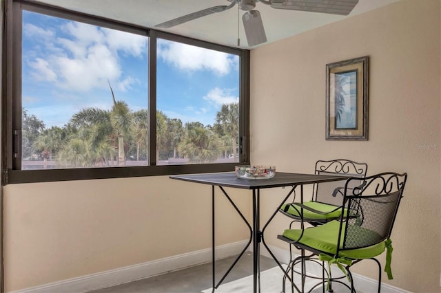 unfurnished dining area with ceiling fan and a healthy amount of sunlight