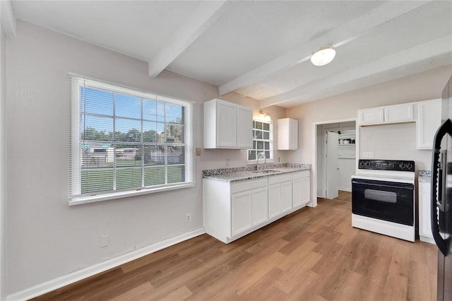 kitchen with white cabinets, sink, light hardwood / wood-style floors, beam ceiling, and electric range