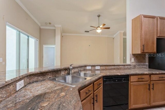 kitchen featuring ceiling fan, sink, black dishwasher, stone countertops, and kitchen peninsula