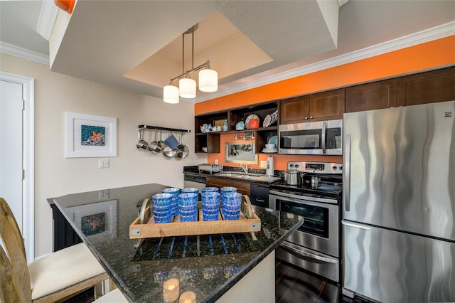 kitchen featuring appliances with stainless steel finishes, ornamental molding, dark stone countertops, a tray ceiling, and a kitchen bar