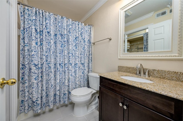 full bath with visible vents, toilet, tile patterned flooring, crown molding, and vanity