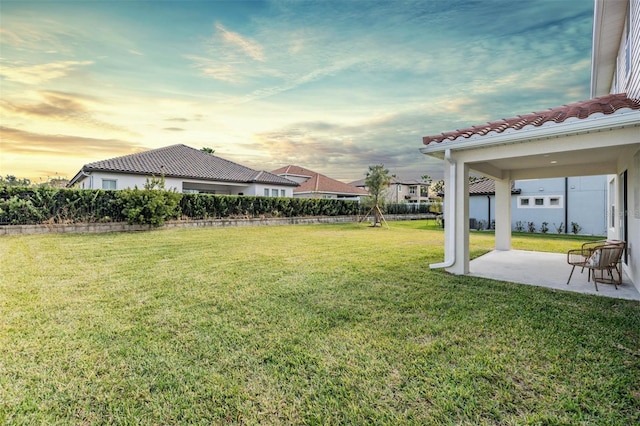 yard at dusk featuring a patio