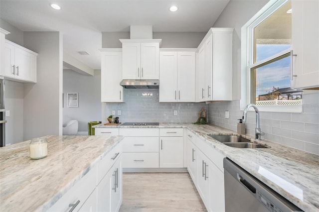 kitchen with light stone counters, sink, white cabinets, and stainless steel dishwasher