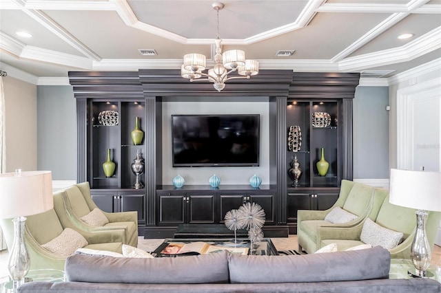 living room featuring an inviting chandelier and crown molding