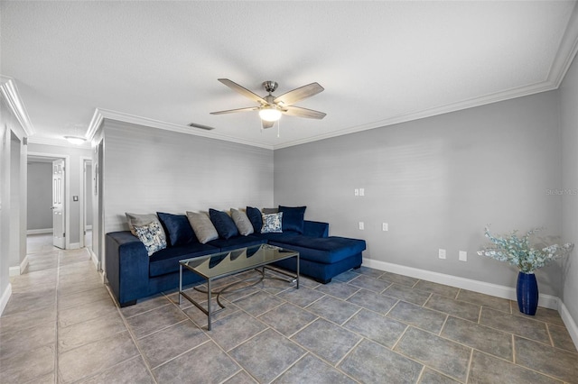 living room featuring ceiling fan and crown molding