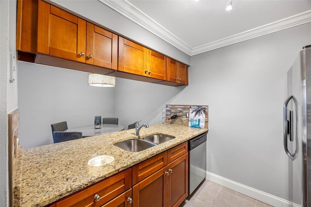 kitchen with crown molding, sink, light tile patterned floors, light stone counters, and stainless steel appliances