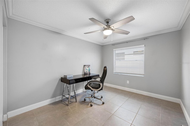 tiled office featuring ceiling fan, ornamental molding, and a textured ceiling