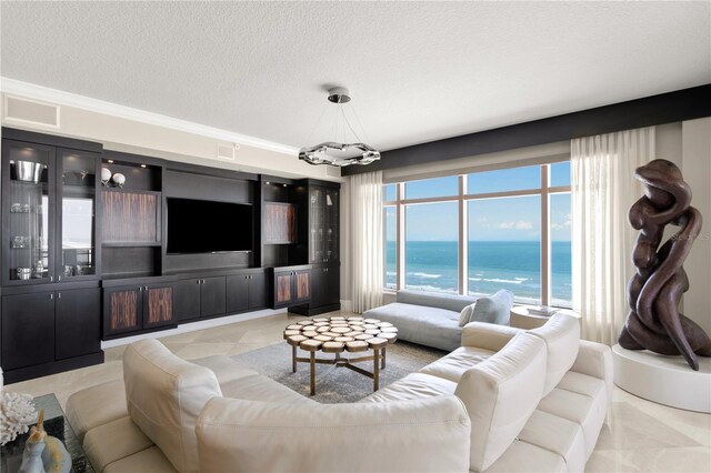 living room featuring a textured ceiling, an inviting chandelier, and light tile patterned floors