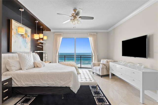 bedroom with access to exterior, ornamental molding, a textured ceiling, and a ceiling fan