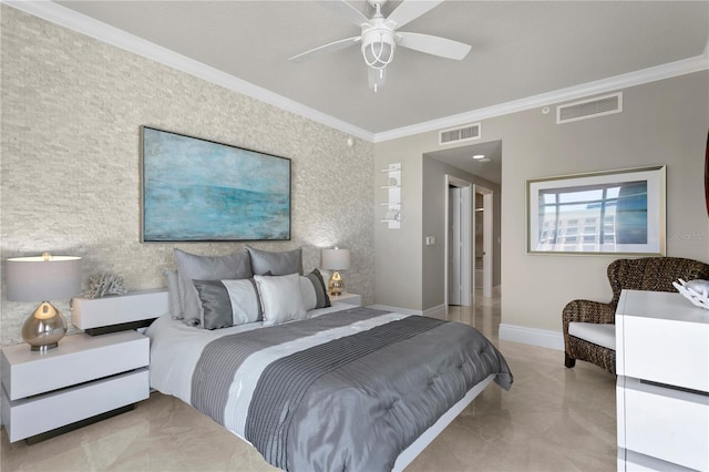 bedroom with baseboards, visible vents, and ornamental molding